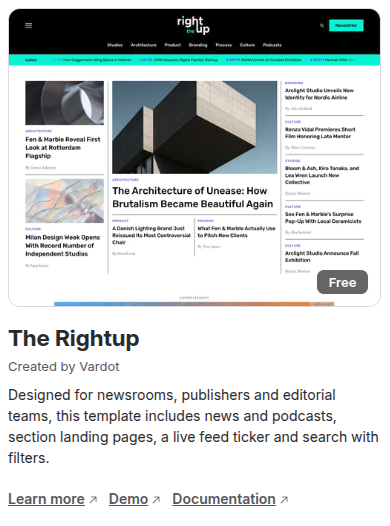 The Rightup card in the Drupal CMS installer, created by Vardot, with its description and the Learn more, Demo and Documentation links