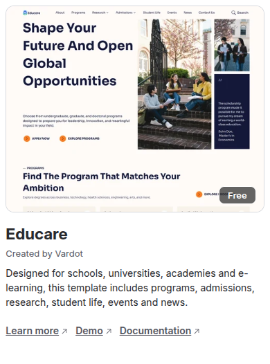 The Educare card in the Drupal CMS installer, created by Vardot, with its description and the Learn more, Demo and Documentation links