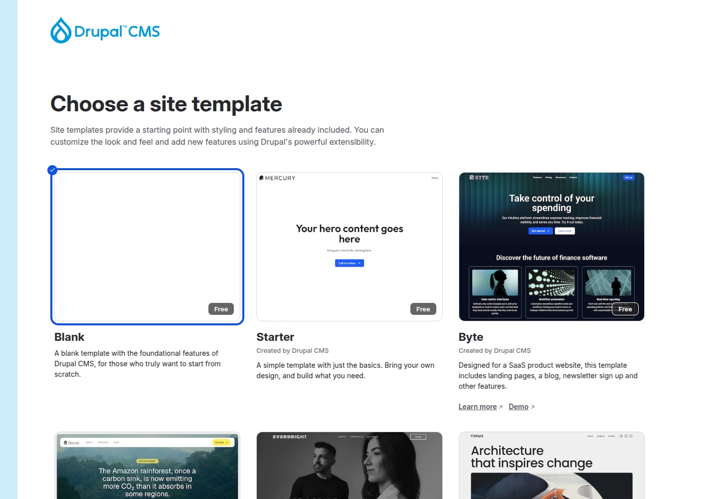 The Choose a site template step of the Drupal CMS installer, with the Blank, Starter and Byte templates at the top