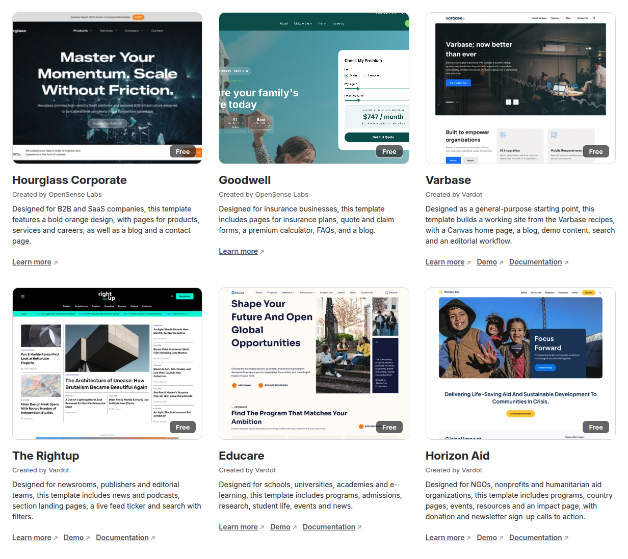 The Varbase, The Rightup, Educare and Horizon Aid cards in the Drupal CMS installer, each created by Vardot, next to other site templates