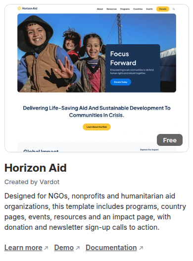 The Horizon Aid card in the Drupal CMS installer, created by Vardot, with its description and the Learn more, Demo and Documentation links